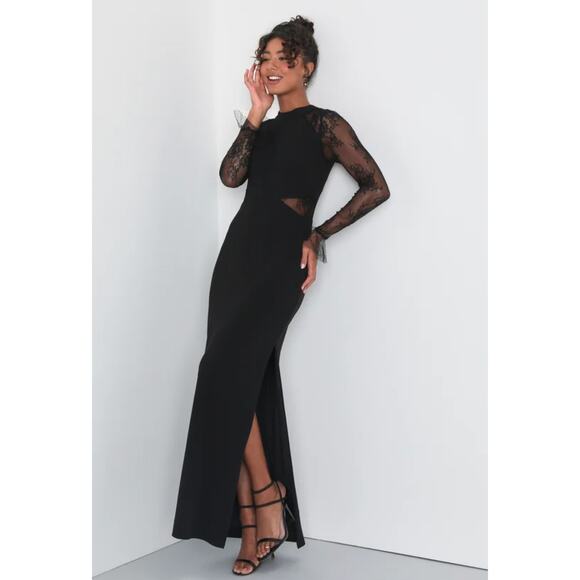 NEW Lulus Bragging Rights Black Lace Long Sleeve Column Maxi Dress - Picture 1 of 15